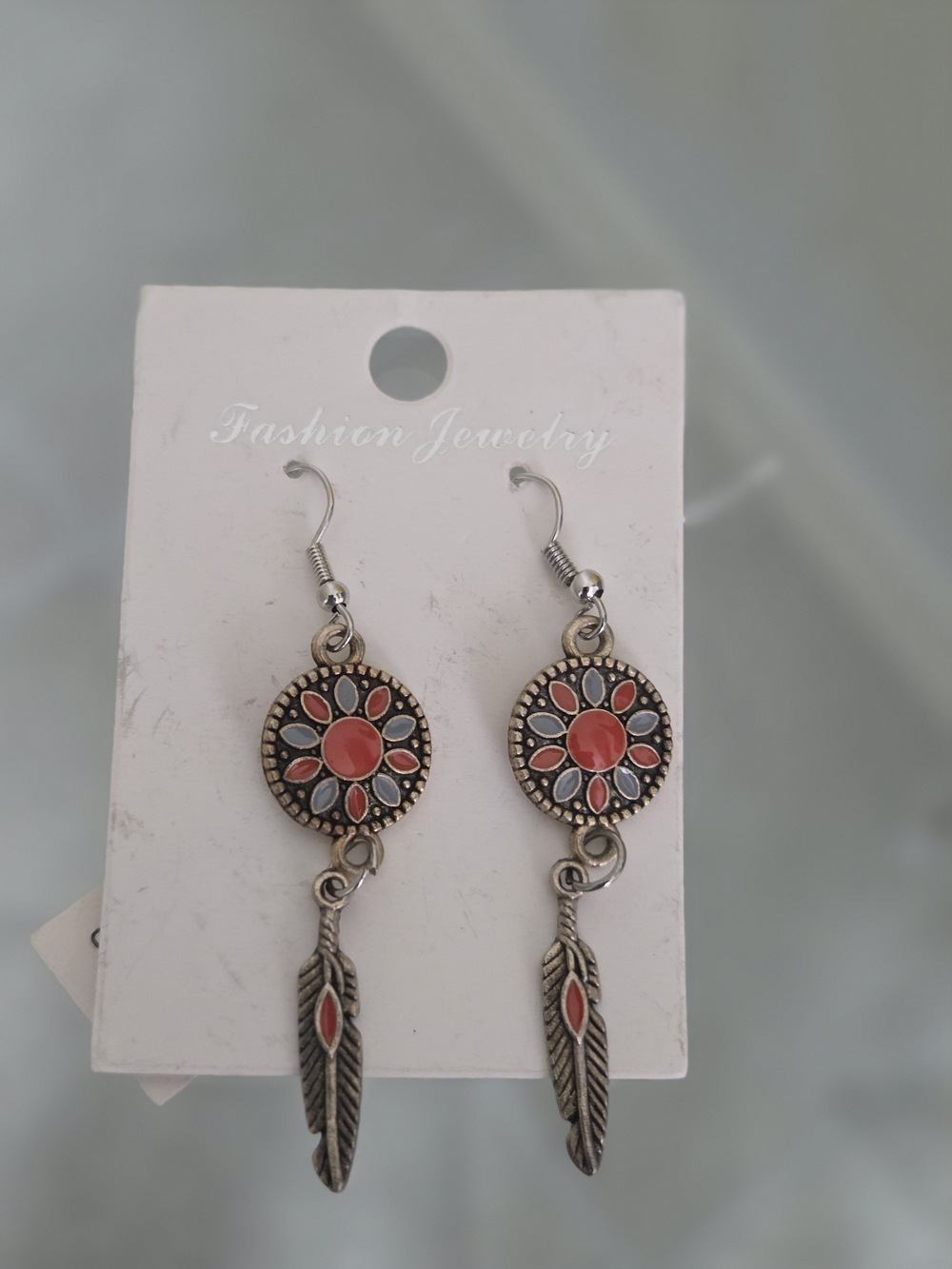 Fashion Jewelry Coral and Silver Bohemian Feather Dangle Earrings